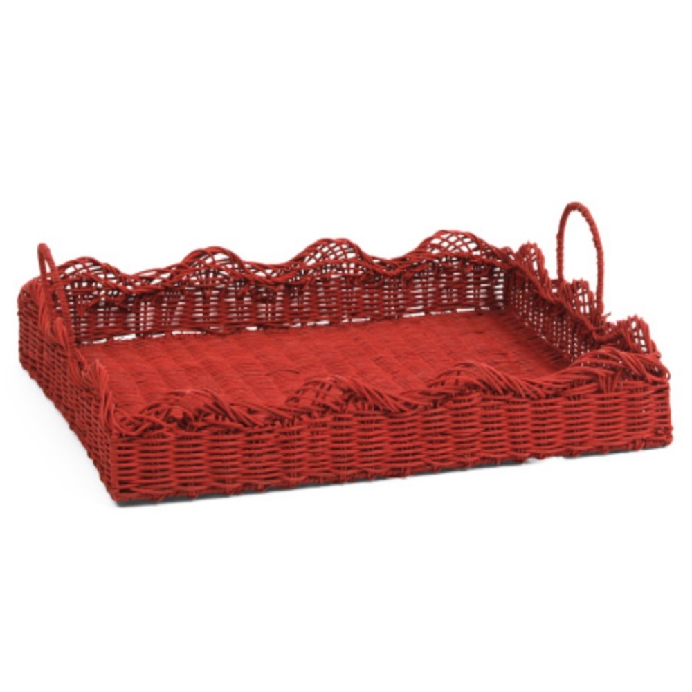 Large Red Scalloped Rattan Serving Tray